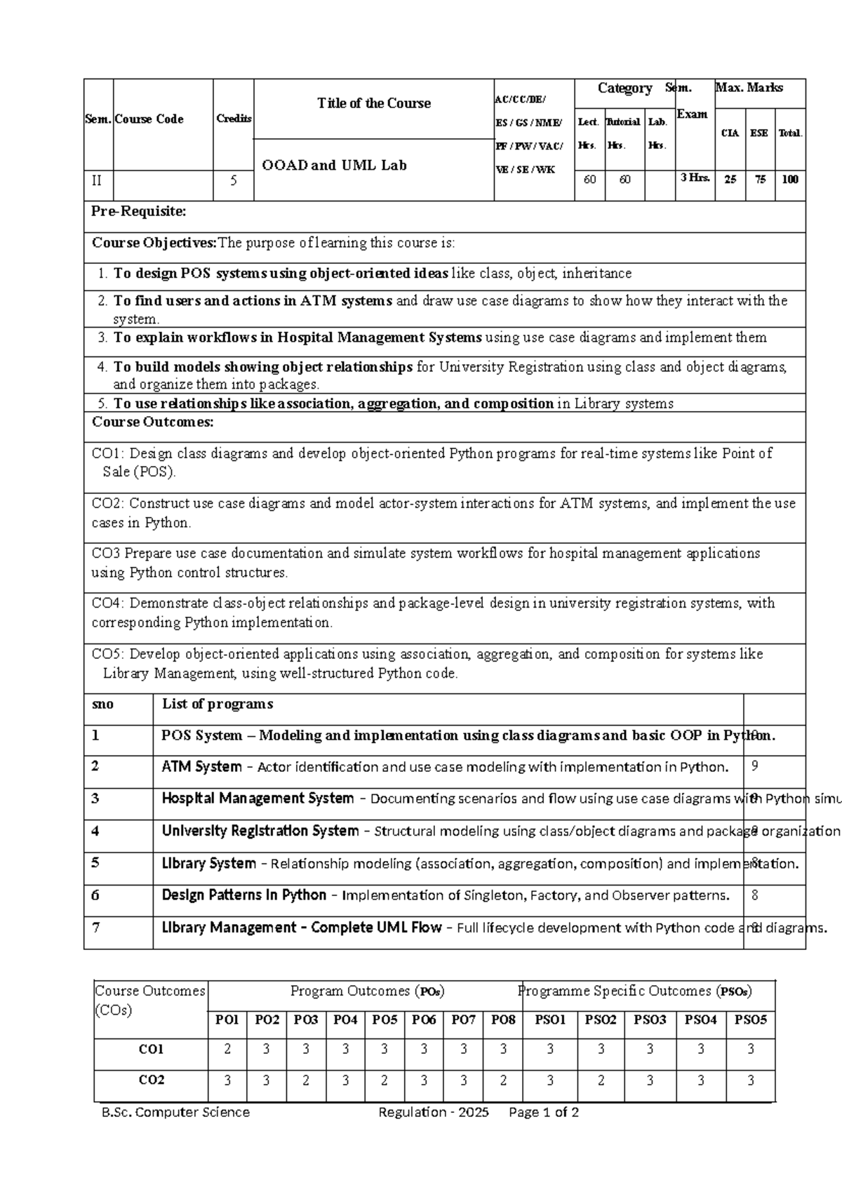 OOAD & UML Lab - Course Code II - B.Sc. Computer Science - Studocu