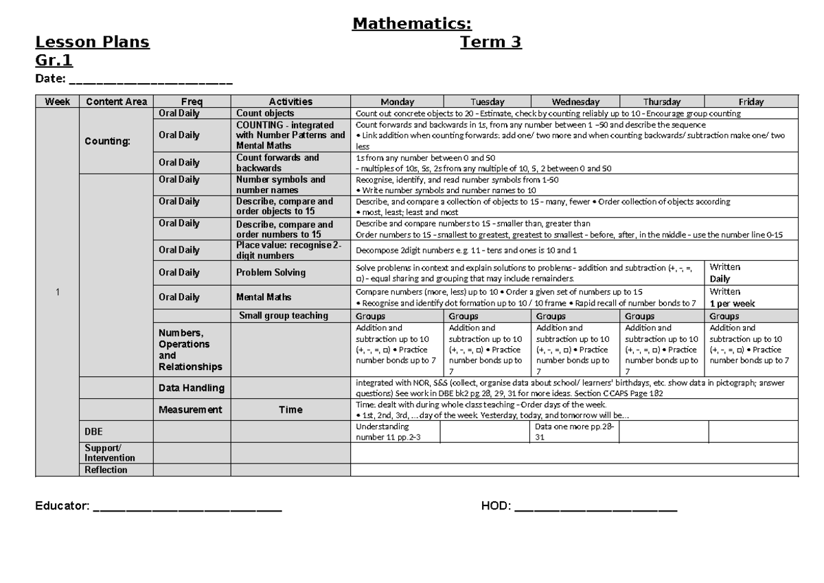 Mathematics Gr.1: Term 3 Lesson Plans and Activities - Studocu