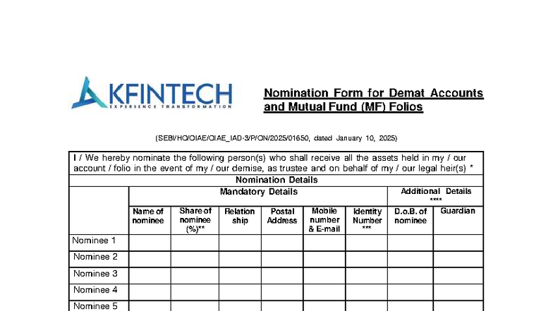 Kfintech Nomination Form for Demat & MF Folios (2025) - Studocu