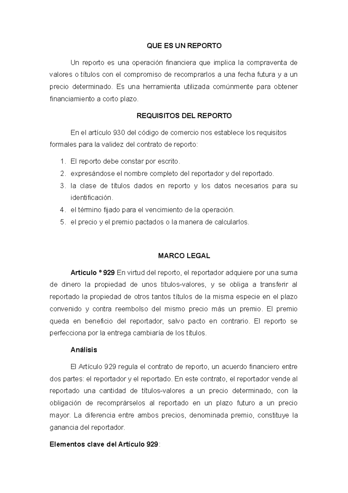 Conceptos Clave sobre el Reporto: Análisis de Artículos 929 a 934 - Studocu