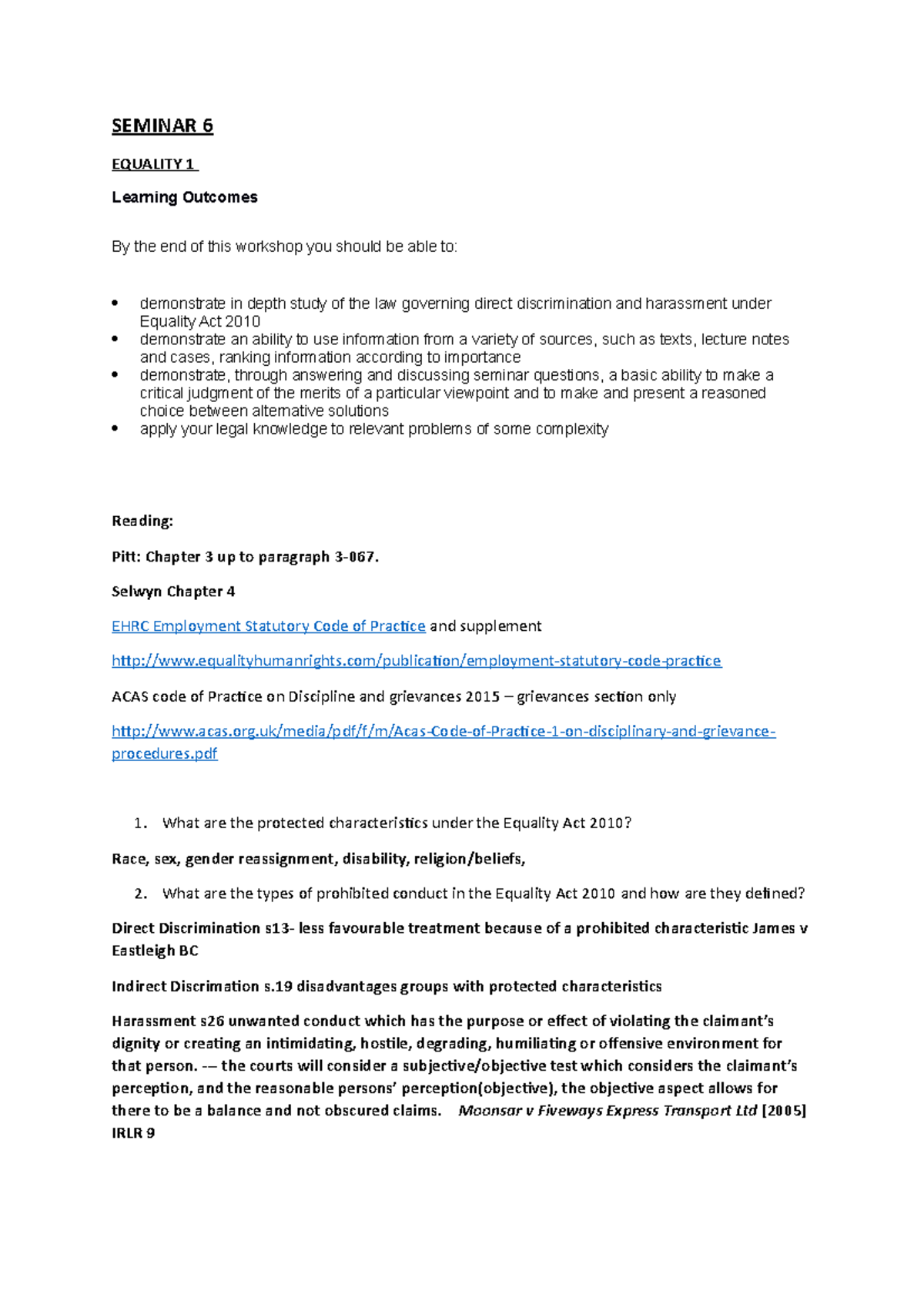 Seminar 7 - Employment Equality and Discrimination Law Analysis - Studocu