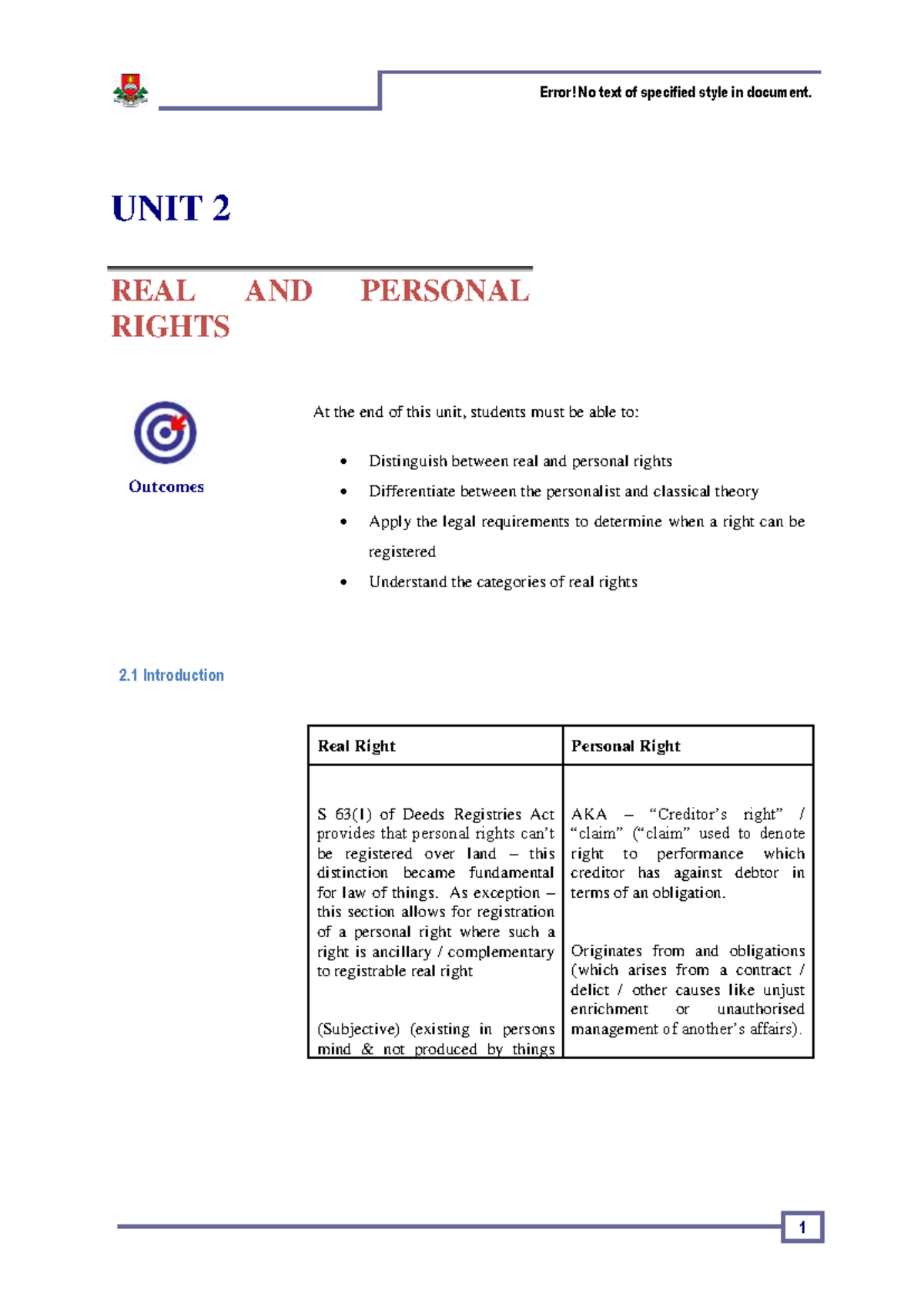 Unit 2: Understanding Real and Personal Rights in Law - Studocu