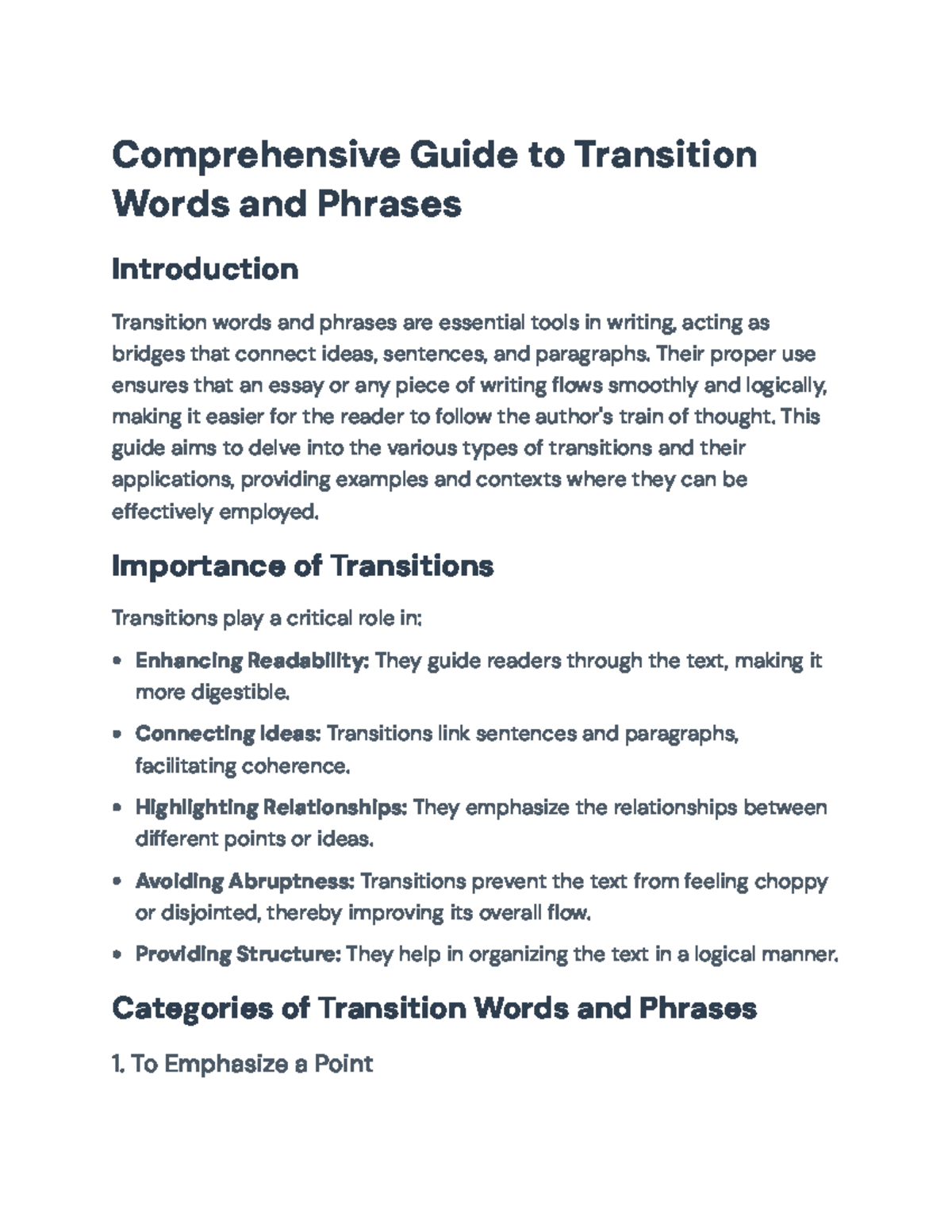 Comprehensive Guide to Transition Words for Effective Writing - Studocu