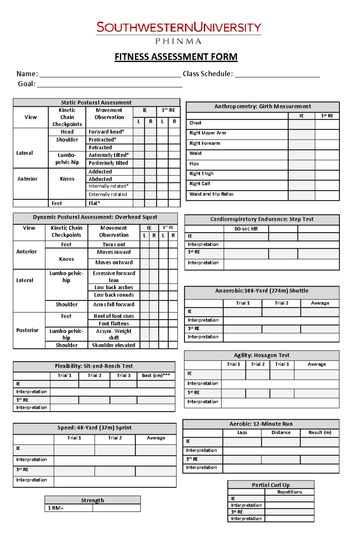 Fitness Assessment Form and Criteria Details - PED 026 - Studocu