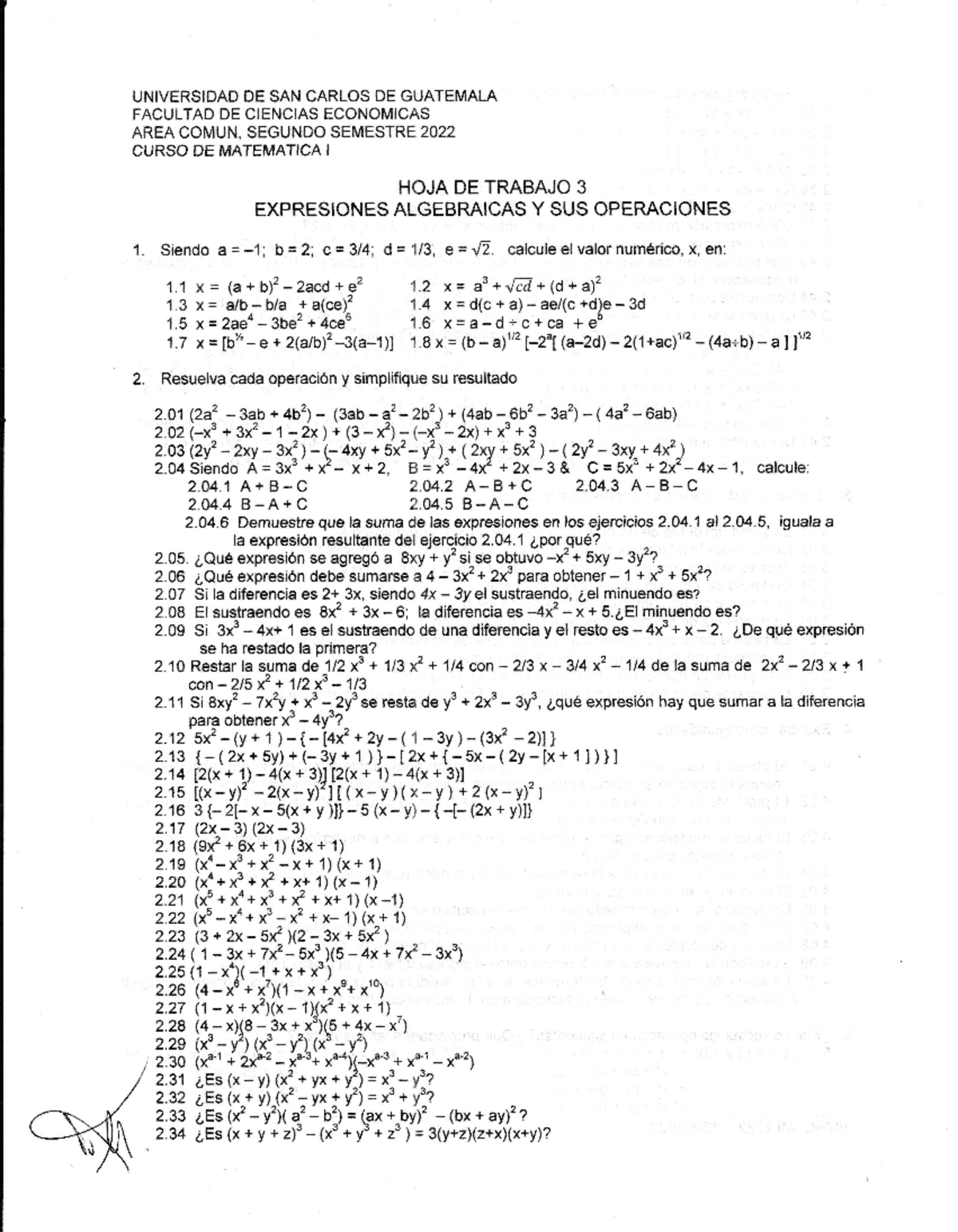 Hoja de Trabajo 3: Expresiones Algebraicas y Operaciones - Matemática I ...