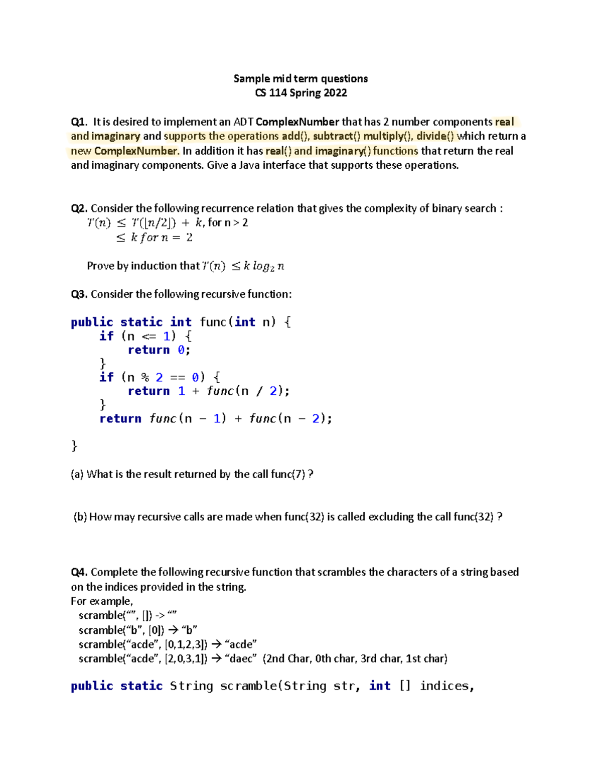 Sample Mid Term Questions - Sample mid term questions CS 114