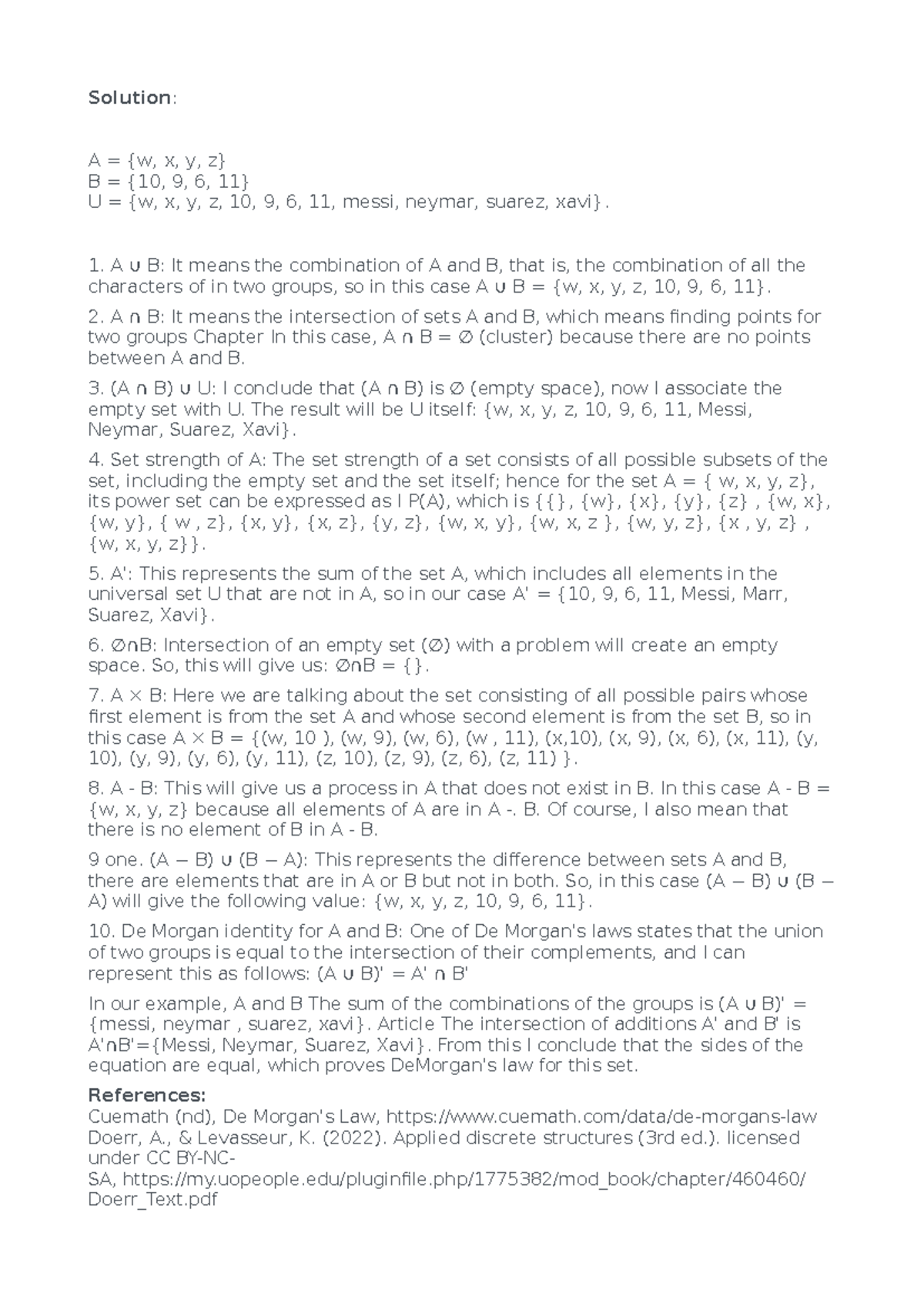 Math 1302 Discussion Forum Unit 1 - Solution: A = {w, x, y, z} B = {10 ...