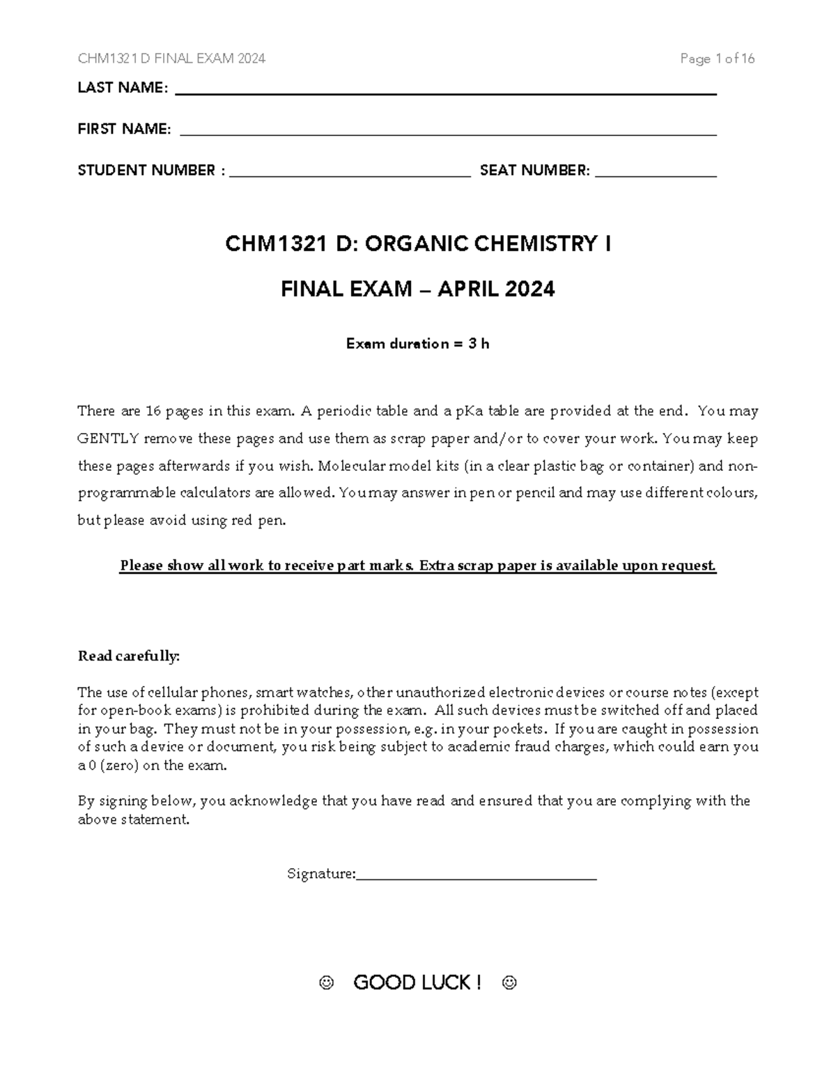 2024 CHM1321 D - Organic Chemistry I Final Exam Guide - Studocu