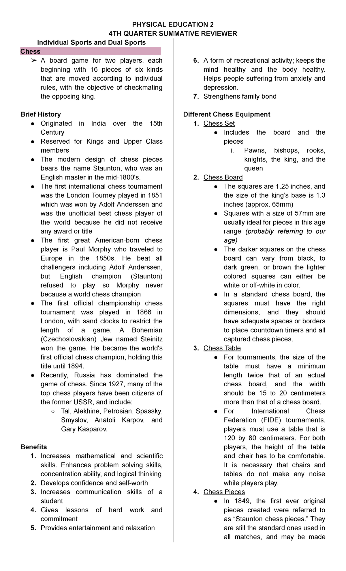 Q4 PE Summative Reviewer: Individual & Dual Sports Overview - Studocu