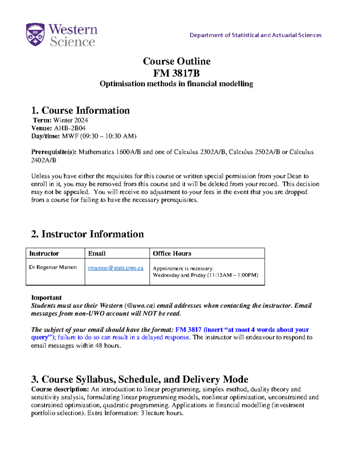 FM3817B Winter 2024 Course Outline - Financial Modelling Optimisation ...