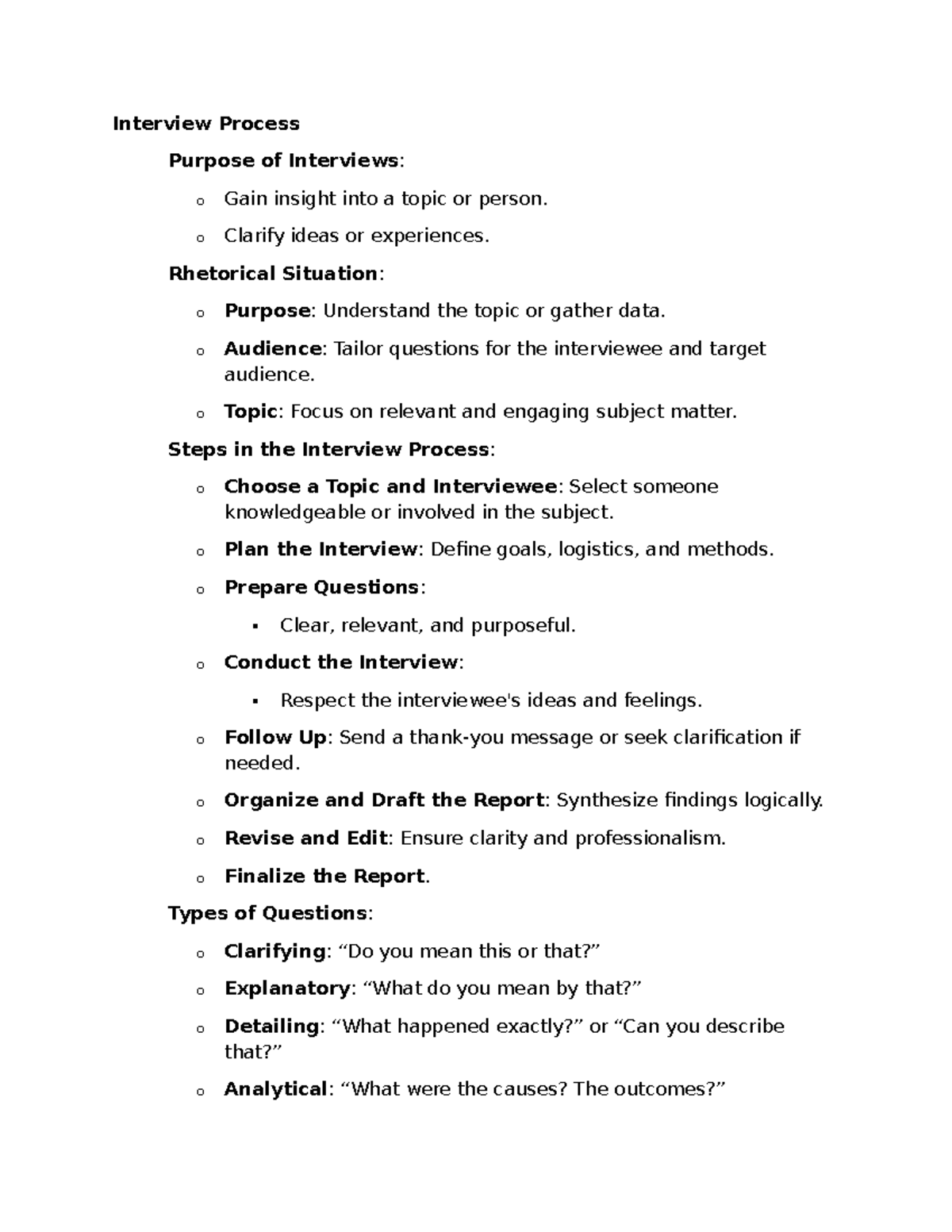 English final review 2024 - Interview Process Purpose of Interviews: o ...