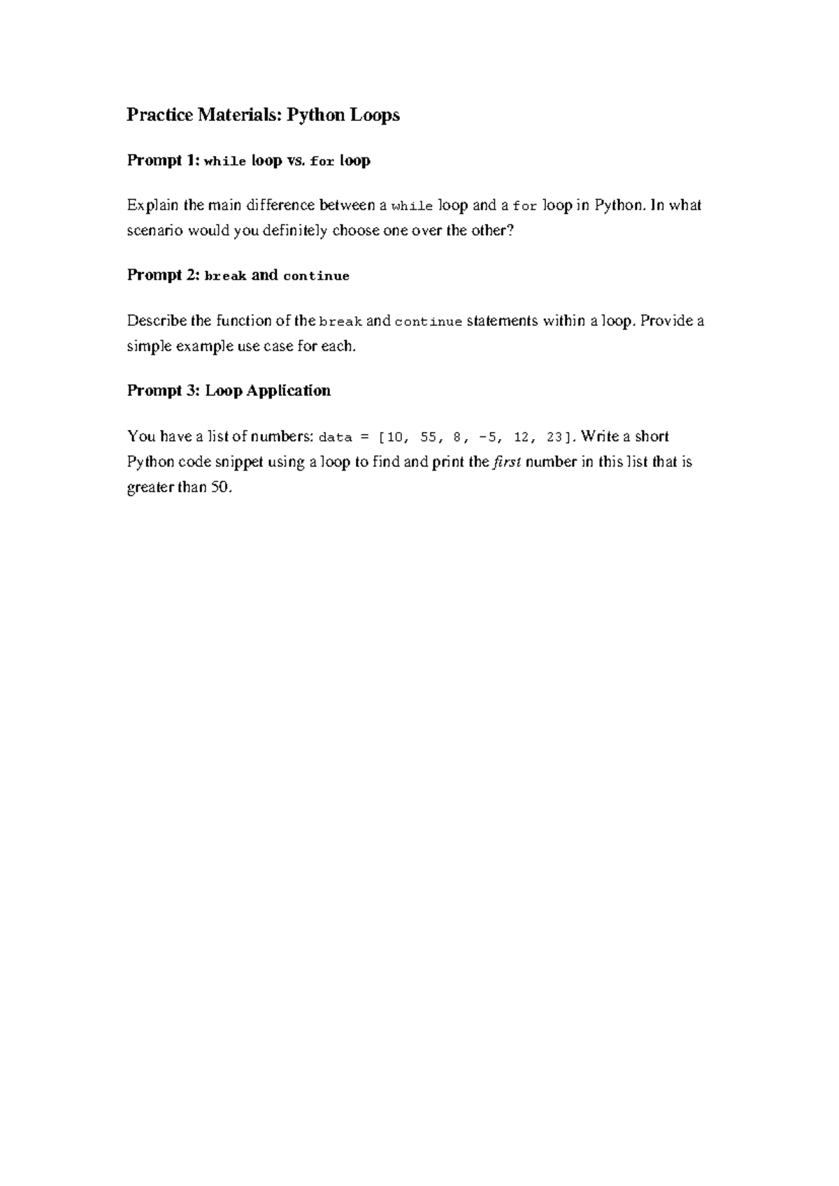 Practice Materials - None - Practice Materials: Python Loops Prompt 1 ...