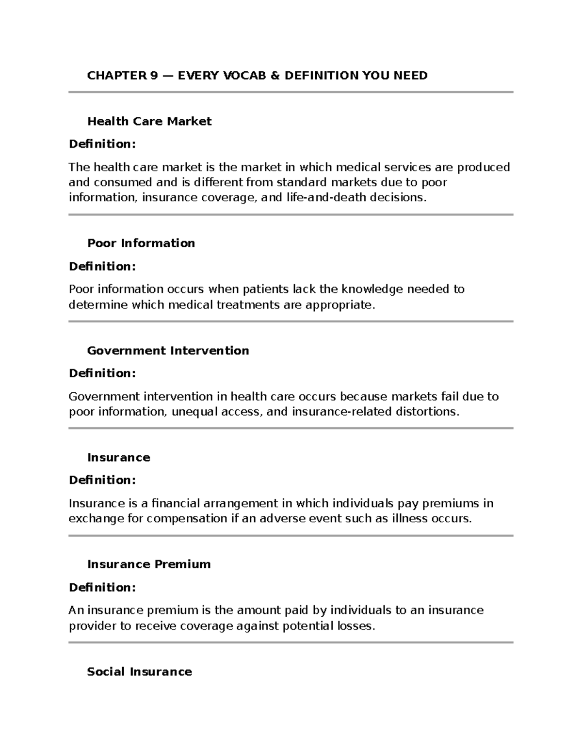 CHAPTER 9 HEALTH CARE MARKET VOCABULARY DEFINITIONS - PUBLFIN 101 - Studocu