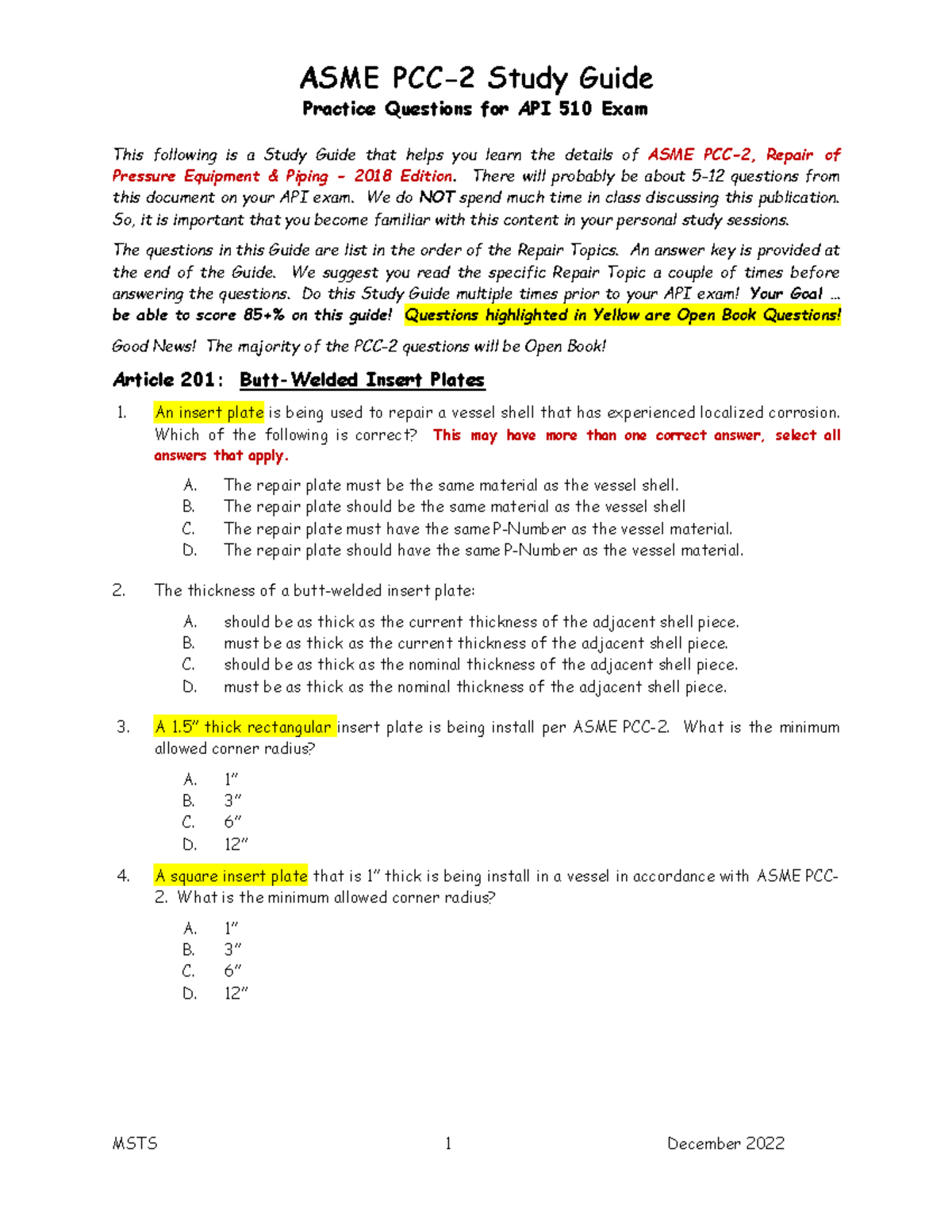 ASME PCC-2 Study Guide: Practice Questions for API 510 Exam - Studocu