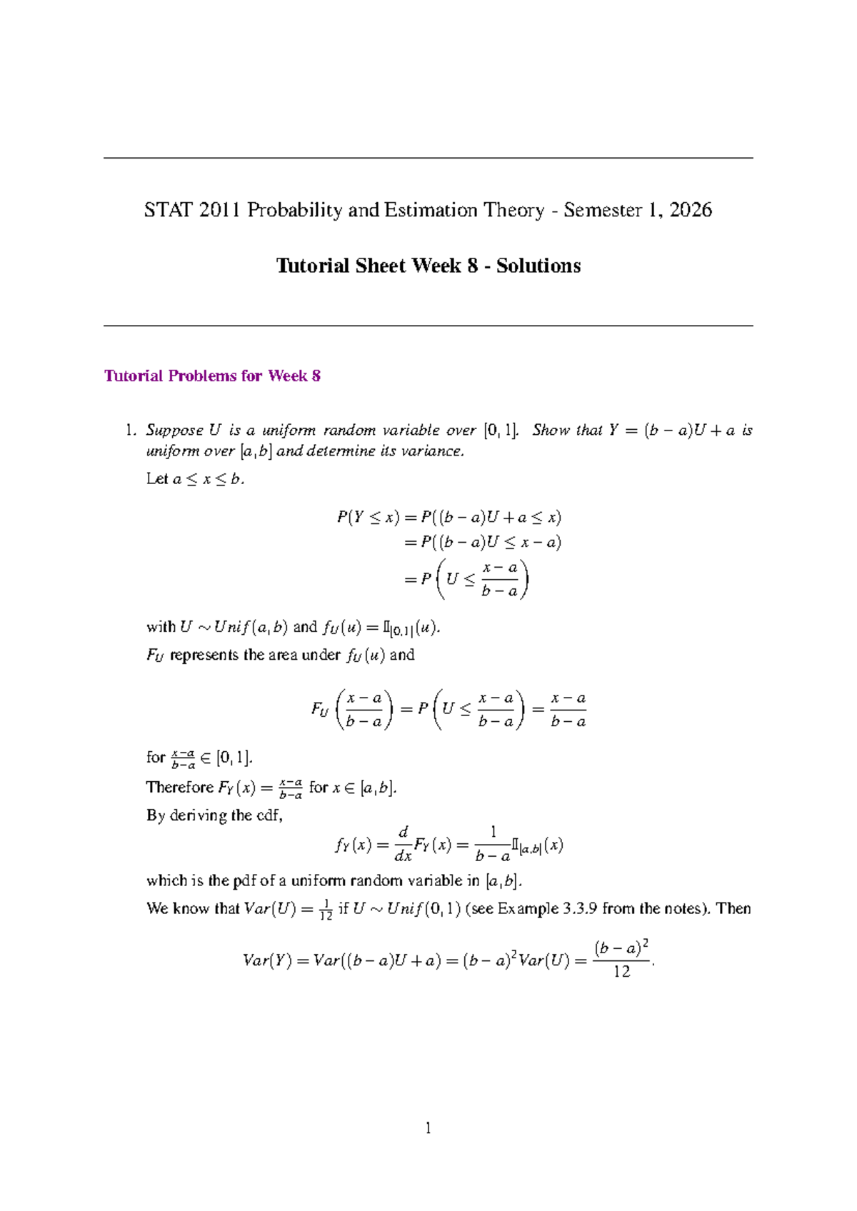 STAT 2011 Tutorial Sheet Week 8 Solutions on Probability & Estimation ...