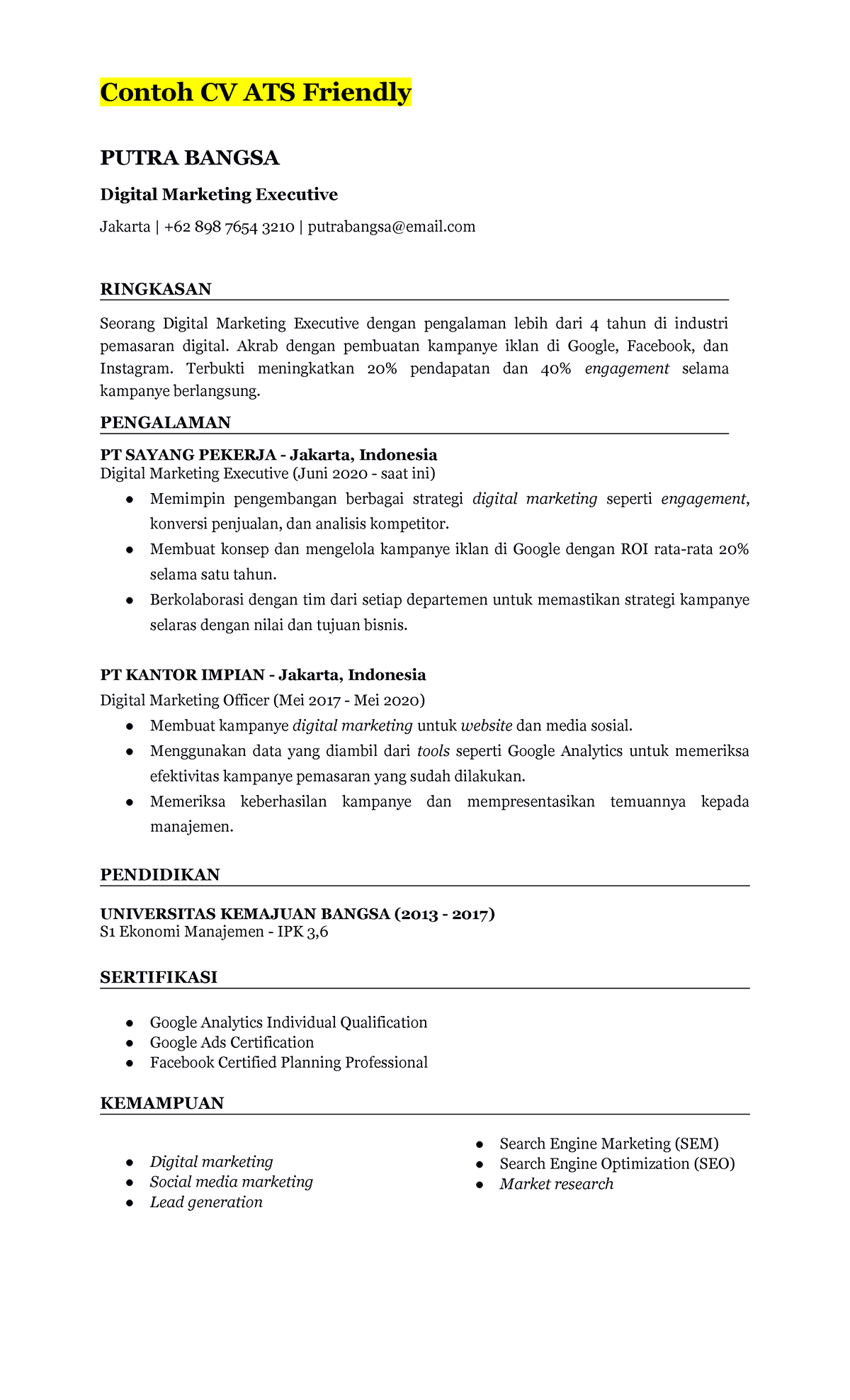 Bahasa Indonesia #2 - Template CV/Contoh Cv - Contoh CV ATS Friendly