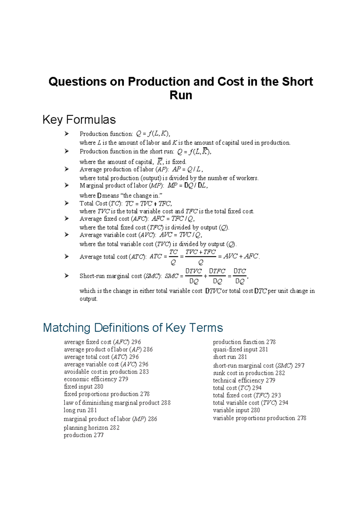 Production and Cost in the Short Run: Key Formulas and Concepts (ECO ...