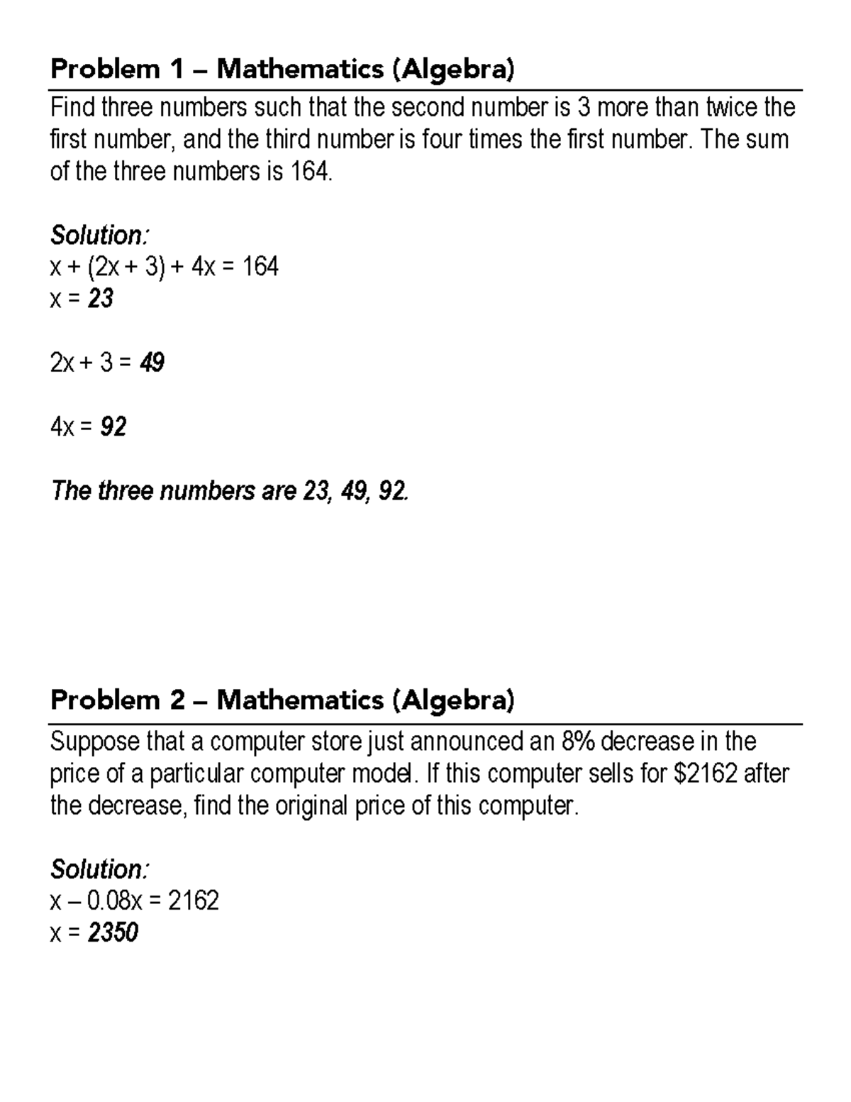 Basic Algebra Practice Questions - Problem 1 Mathematics (Algebra) Find ...