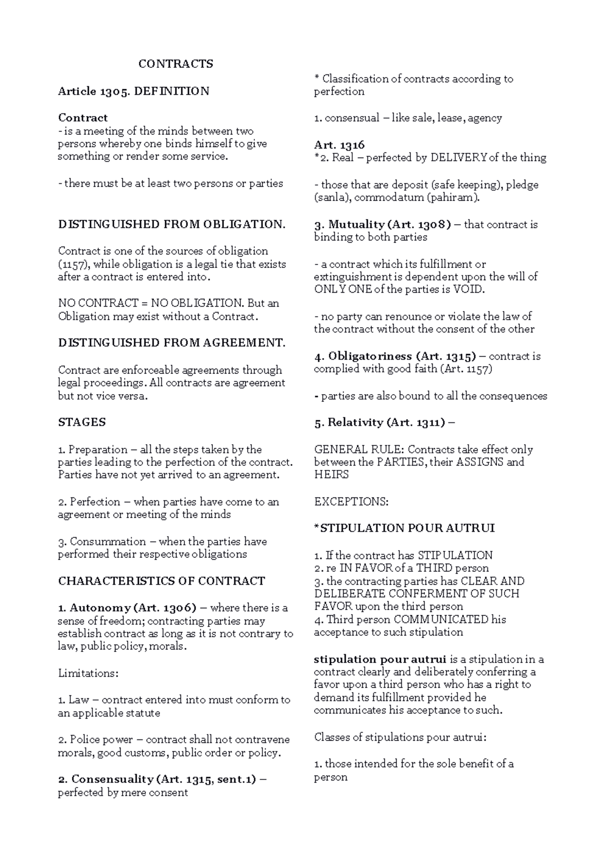 Oblicon Review Notes: Key Concepts of Contract Law - Studocu