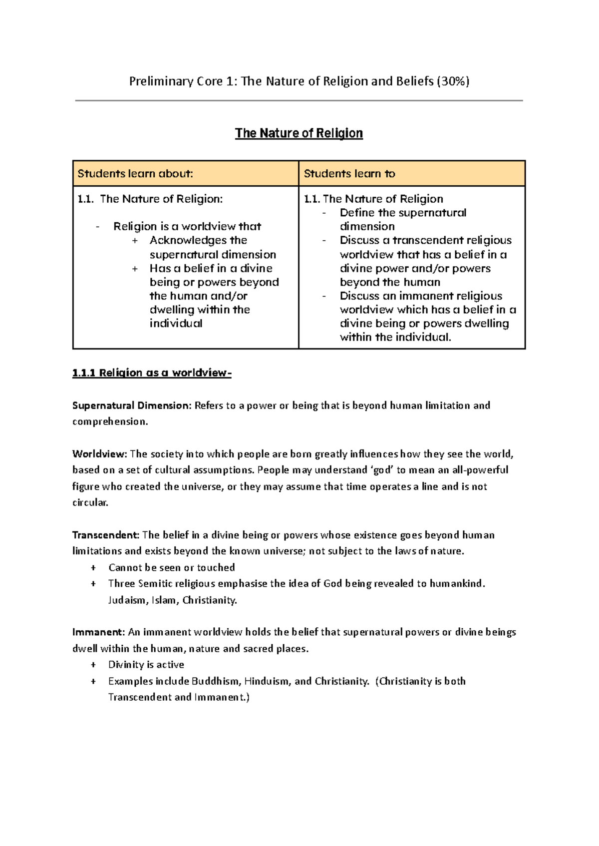 SOR Preliminary Core 1 The Nature of Religion and Beliefs - The Nature ...