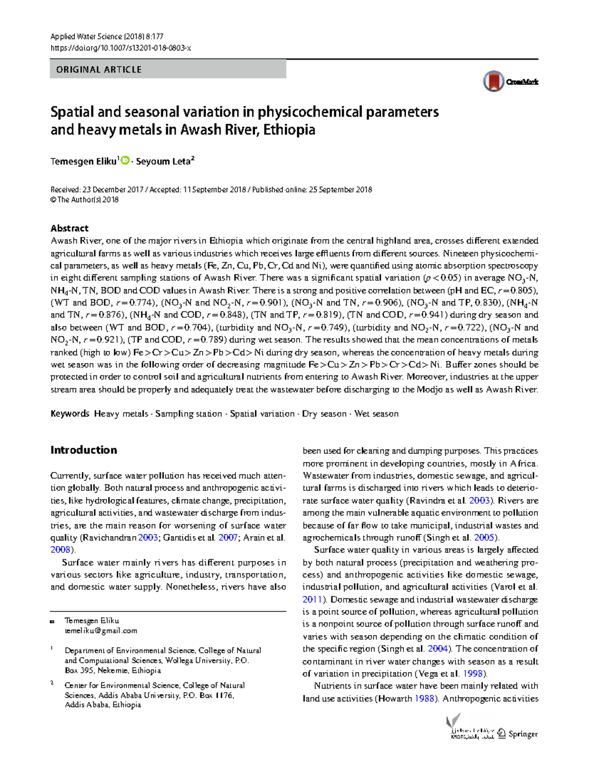 Spatial and Seasonal Variation of Physicochemical Parameters and Heavy ...