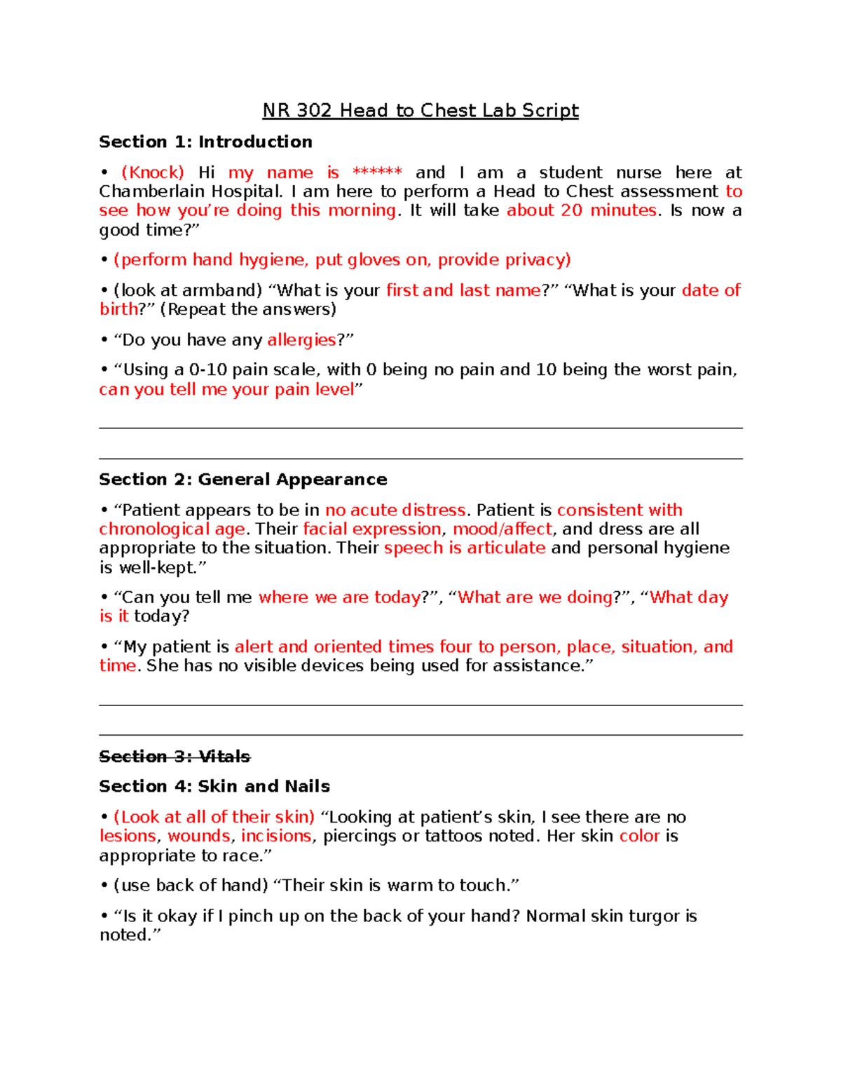 NR 302 Head to Chest Assessment Lab Script Guide - Studocu