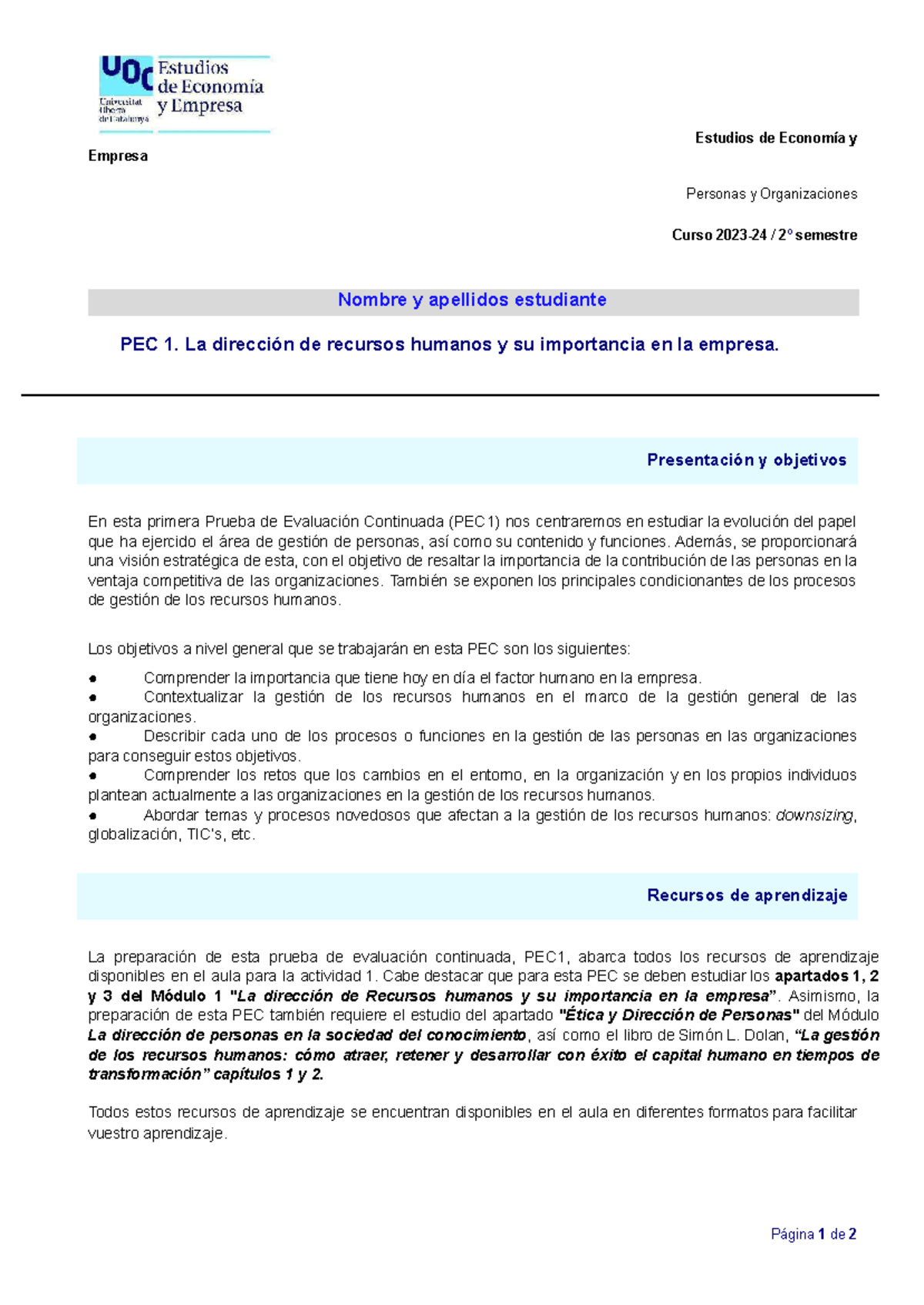 PEC 1: La Dirección de Recursos Humanos y su Importancia en la Empresa ...