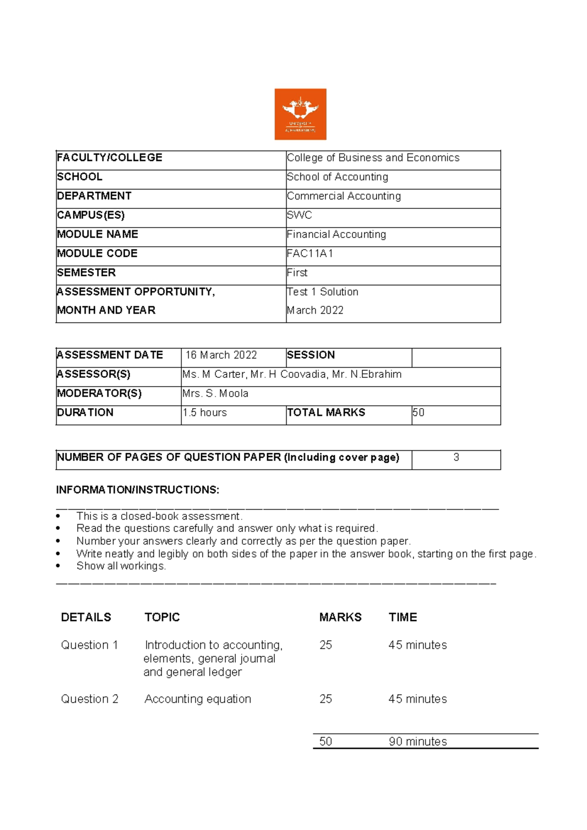 FAC11A1 Financial Accounting Test 1 Suggested Solutions - March 2022 ...