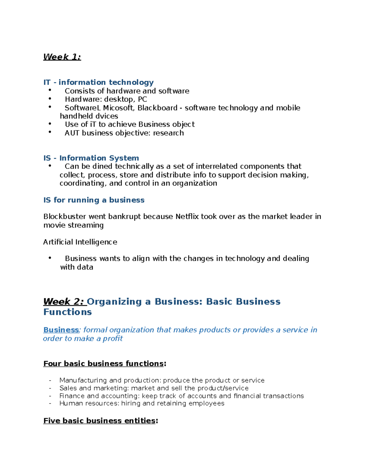 Info Sys lecture notes - Week 1: IT - information technology Consists ...