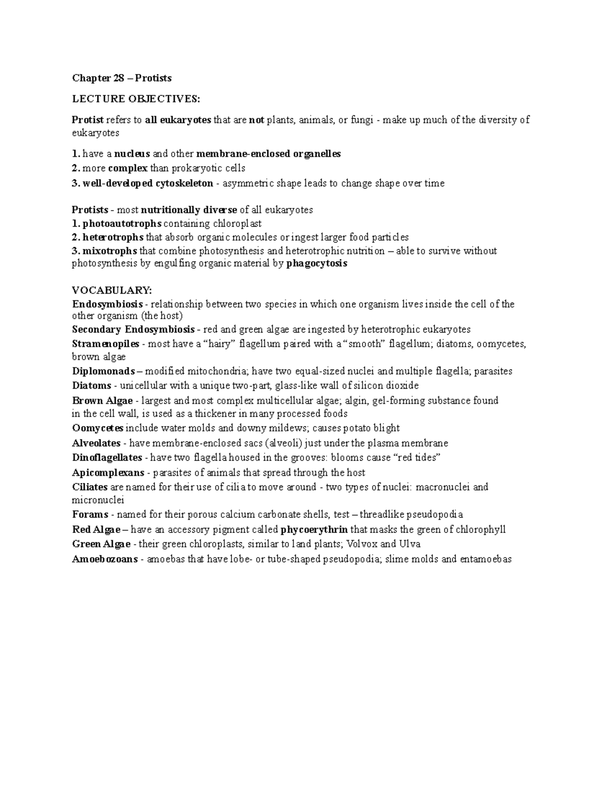 Chapter 28 Summary - Protist Diversity and Characteristics Notes - Studocu