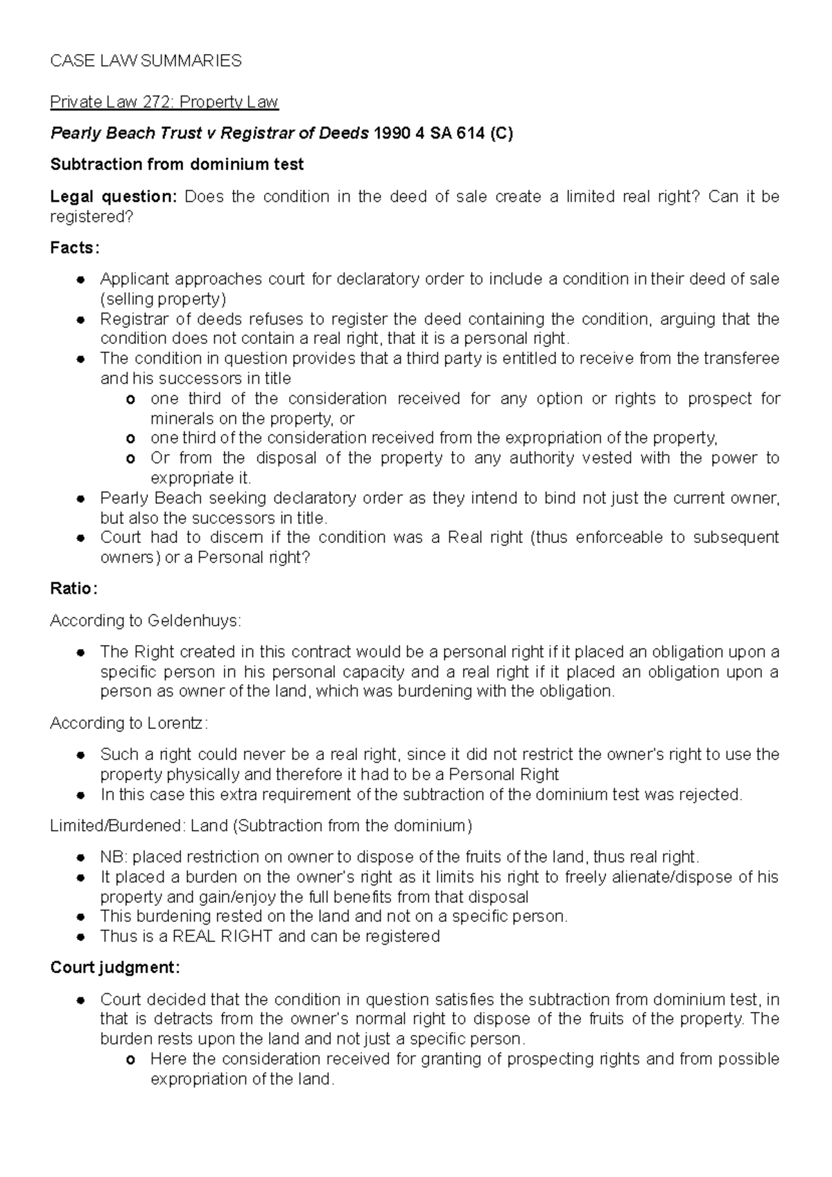 LAW 272: Property Law Case Summaries and Key Legal Principles - Studocu