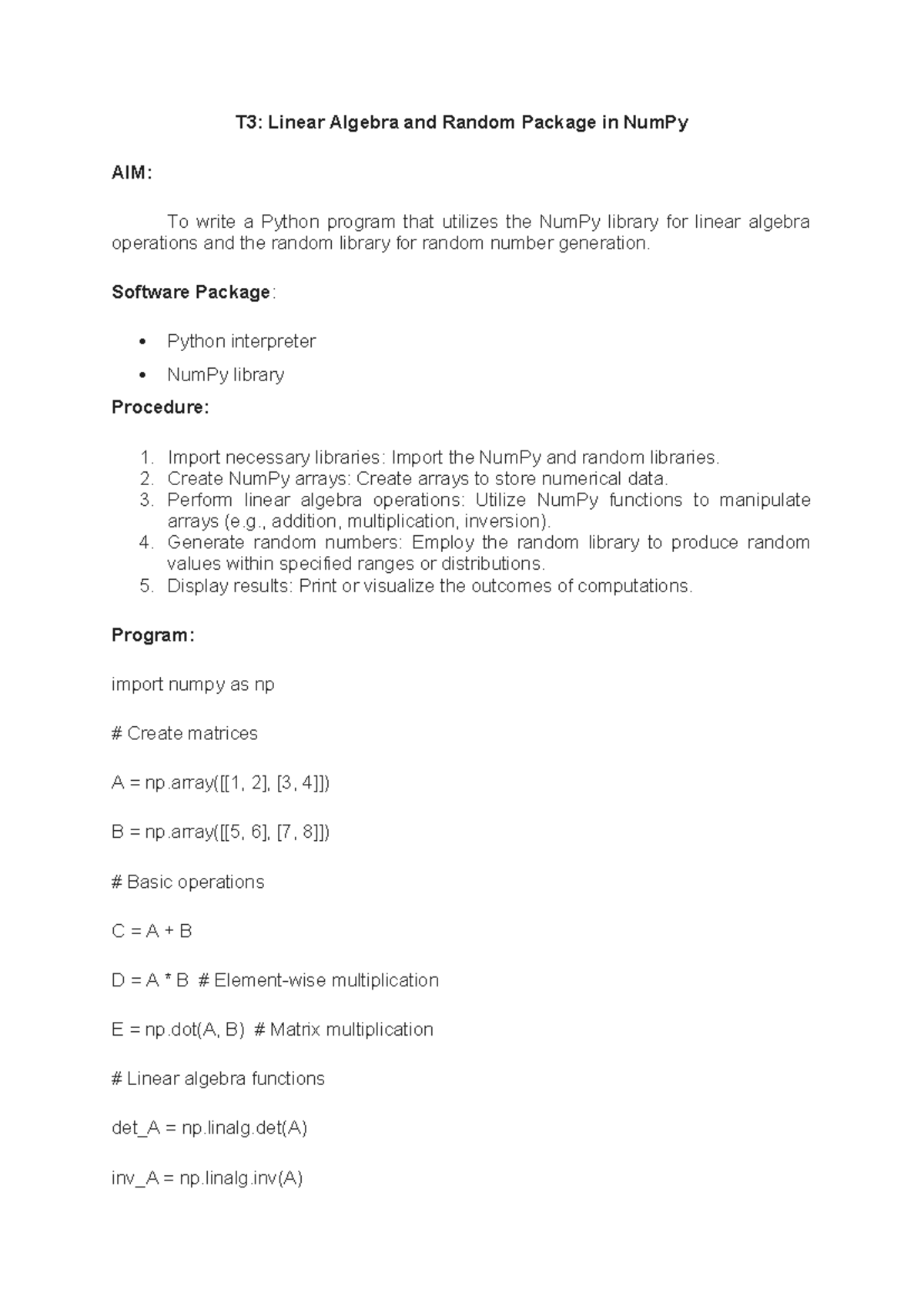 T3 Lab: NumPy in Linear Algebra & Random Number Generation - Studocu