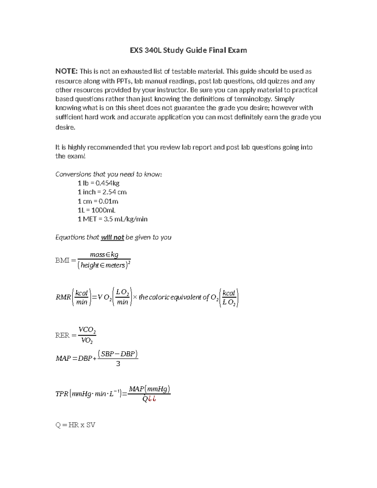 EXS 340L Final Exam Study Guide and Key Concepts Review - Studocu