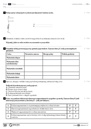 Tkanki i organy roślinne TEST klasa 5 - TEST Z DZIAŁU TKANKI I ORGANY ...