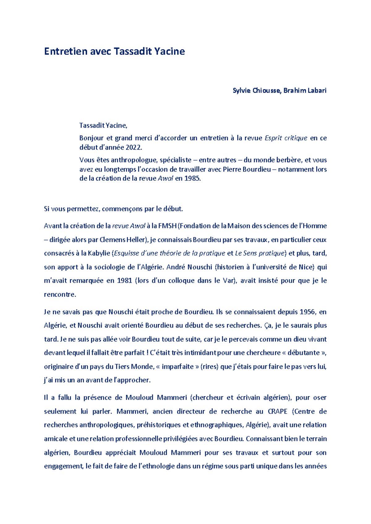 Entretien avec Tassadit Yacine sur Pierre Bourdieu et l'anthropologie ...