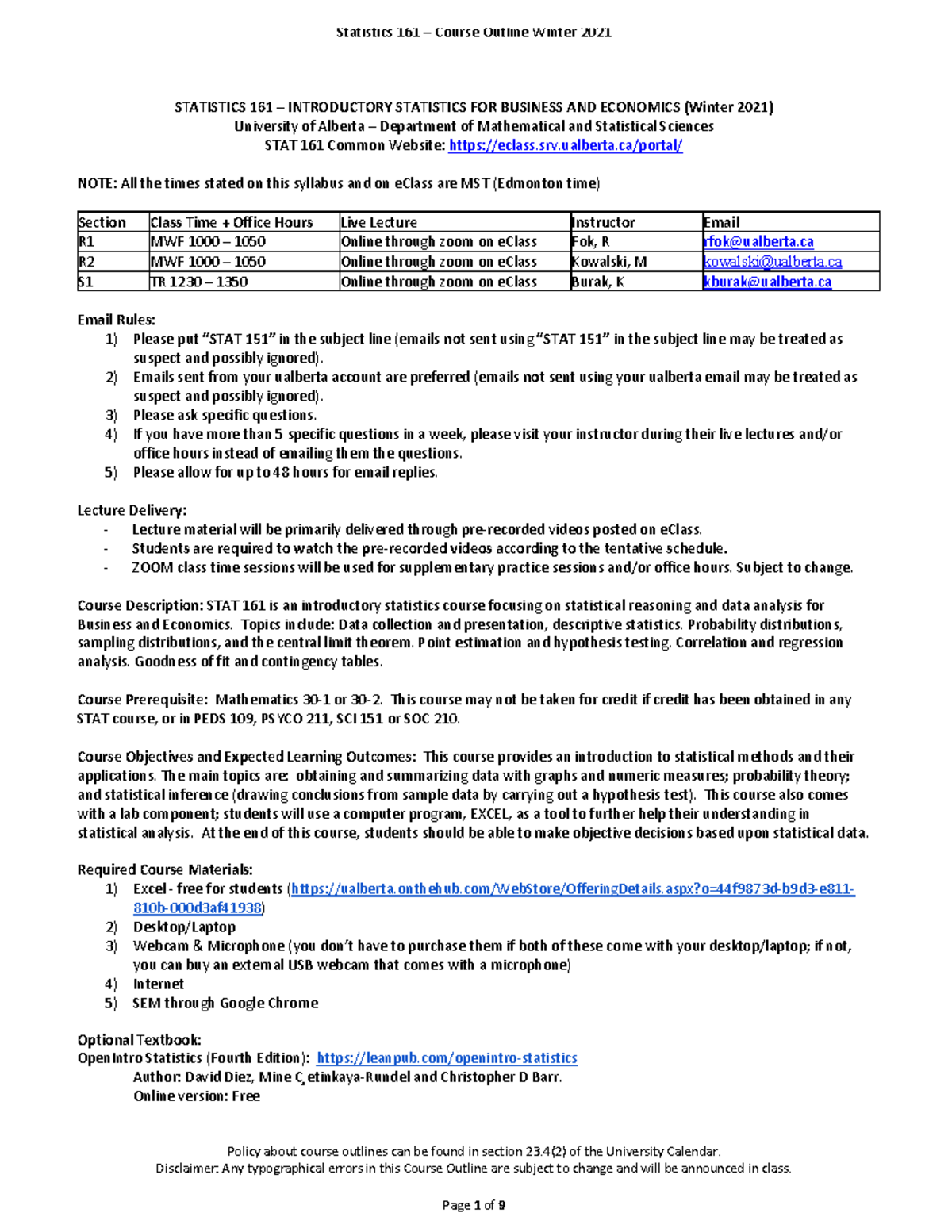 STAT161 Winter 2021 Syllabus: Introductory Statistics for Business ...