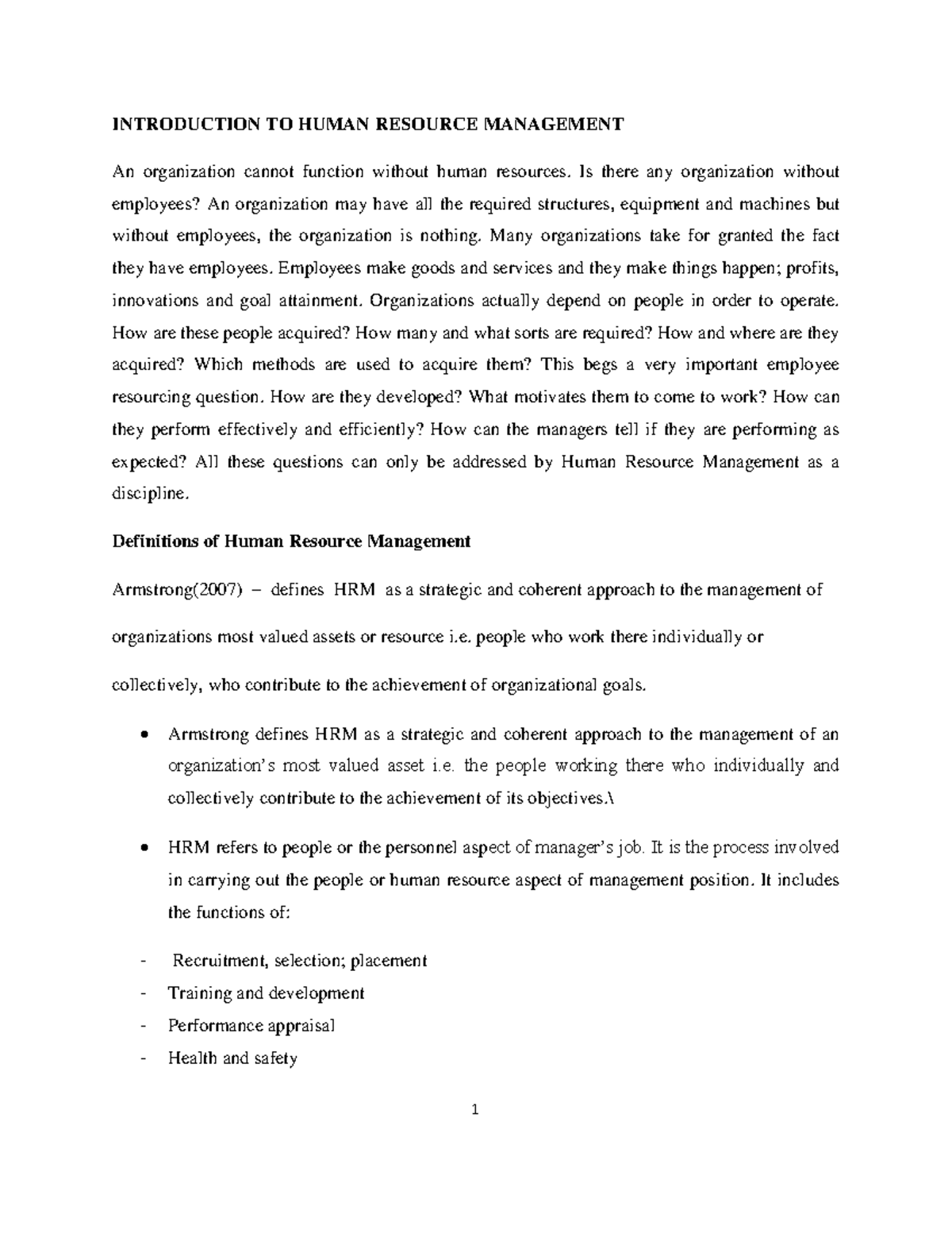 BBA 822 HRM Chapter Notes on Introduction to Human Resource Management ...