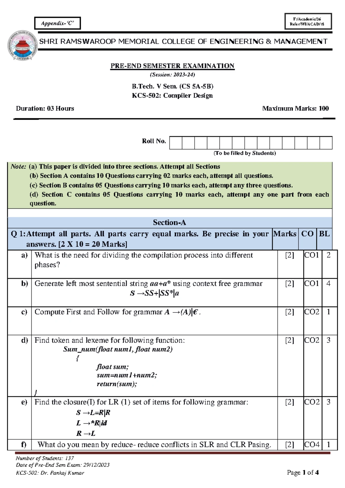 B.Tech V Sem (CS) Compiler Design Exam Solutions and Notes - Studocu