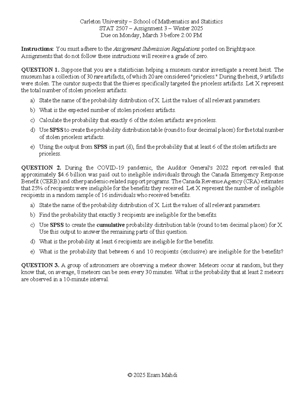 STAT 2507 Assignment 3 Winter 2025 - © 2025 Esam Mahdi Carleton ...
