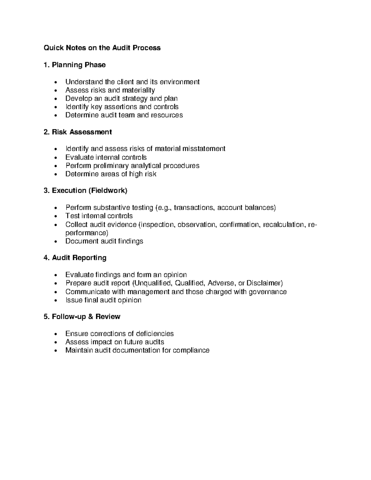 Quick Notes on the Audit Process - Planning Phase Understand the client ...