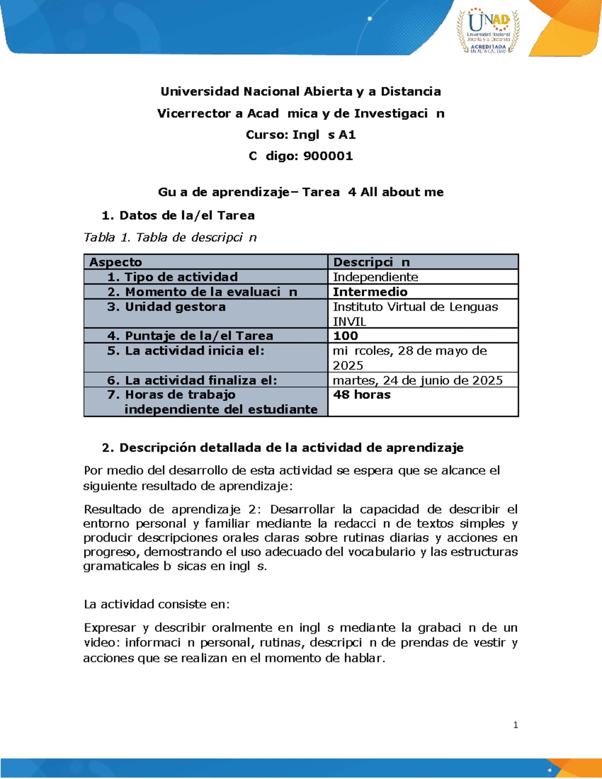 Tarea 4: All About Me - Inglés A1 (Código: 1) - Universidad Nacional ...