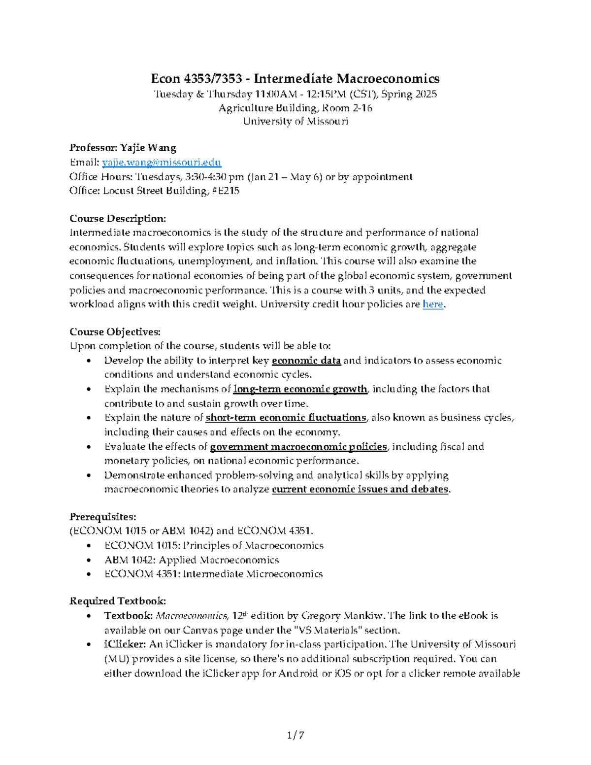 Econ 4353: Intermediate Macroeconomics Syllabus - Spring 2025 - Studocu