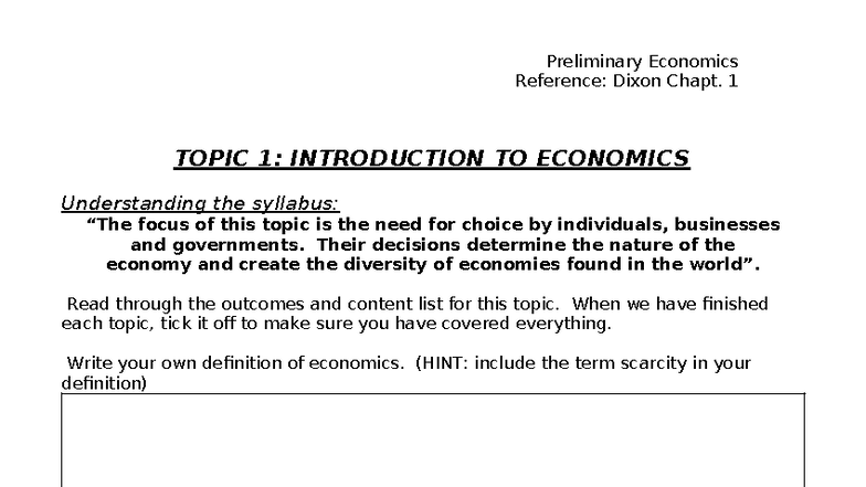 Intro to Economics: Dixon Chapt. 1 - Preliminary Reference Guide - Studocu
