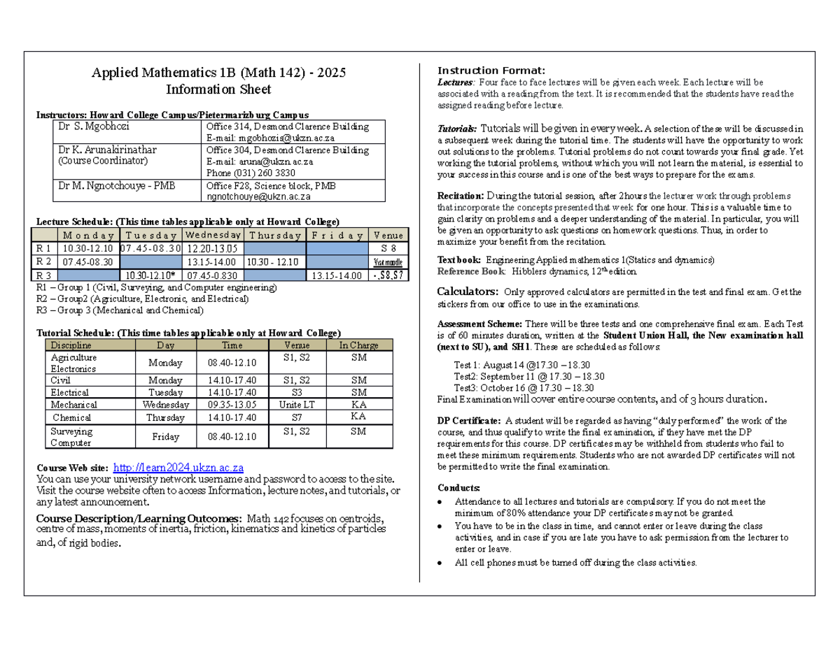 Applied Mathematics 1B (Math 142) - Course Information Sheet 2025 - Studocu
