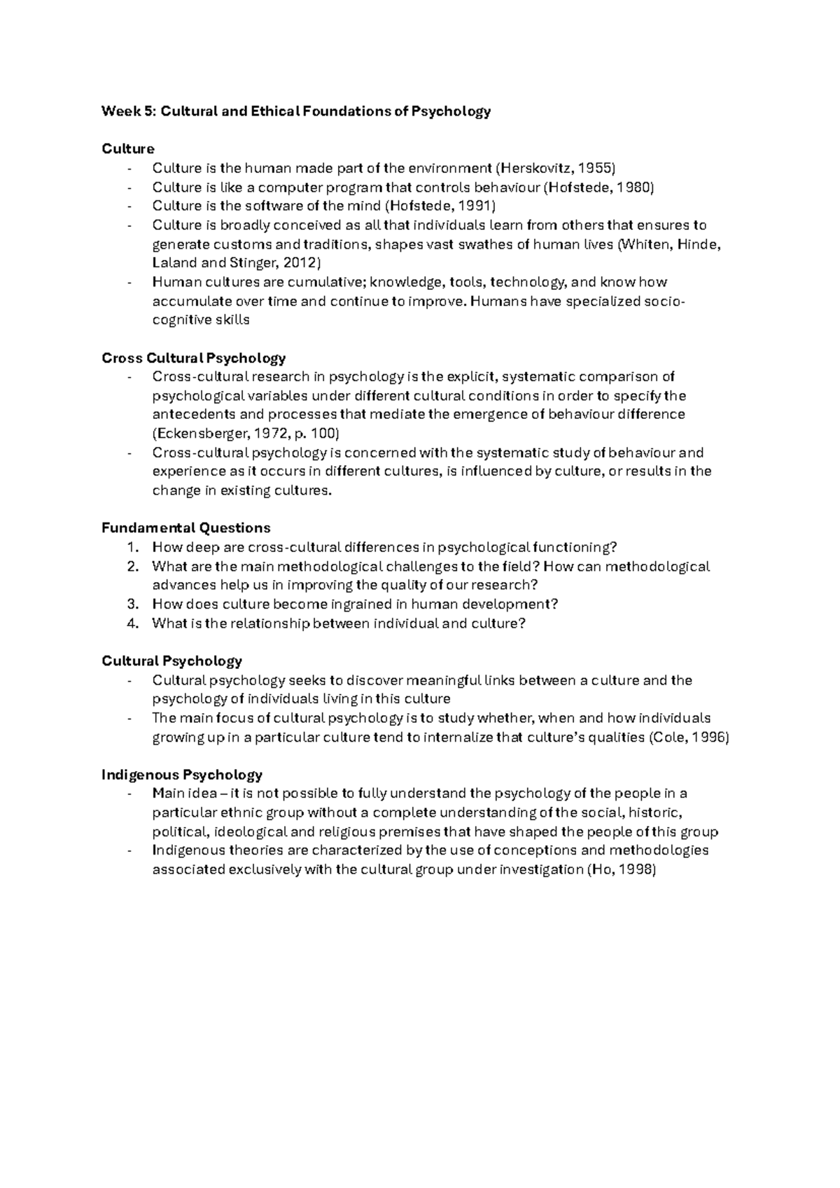 Week 5: Cultural & Ethical Foundations in Psychology - Lecture Notes ...