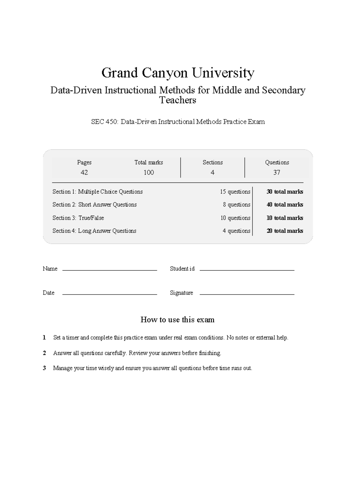 SEC 450: Instructional Methods Practice Exam for Middle & Secondary ...