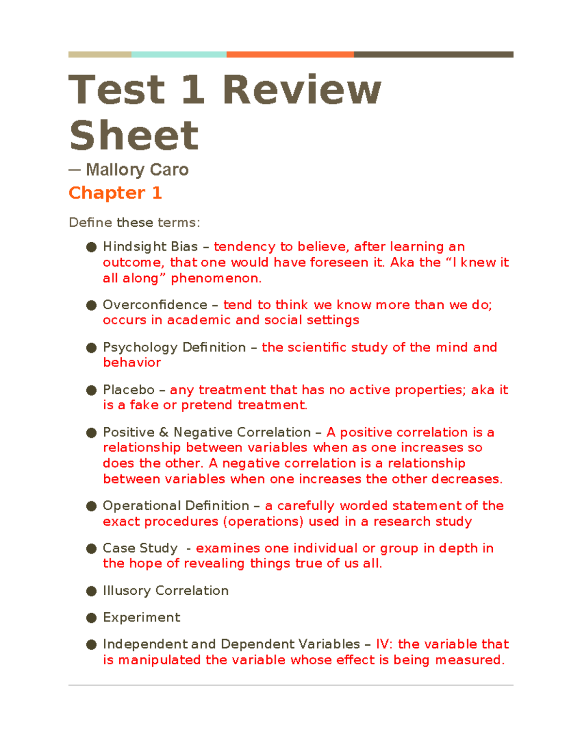 Exam 1 Review Sheet PSY 101: Key Terms and Concepts from Chapters 1 & 4 ...
