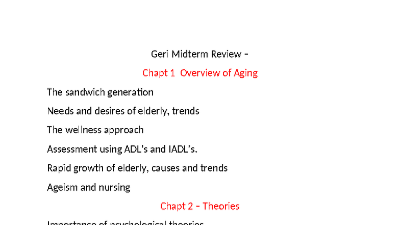 Geri 2020 Midterm Review: Key Concepts in Aging and Care - Studocu