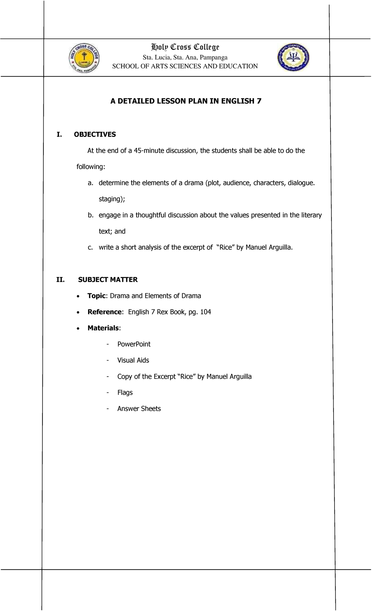 ENG 7: Detailed Lesson Plan on Elements of Drama - Studocu