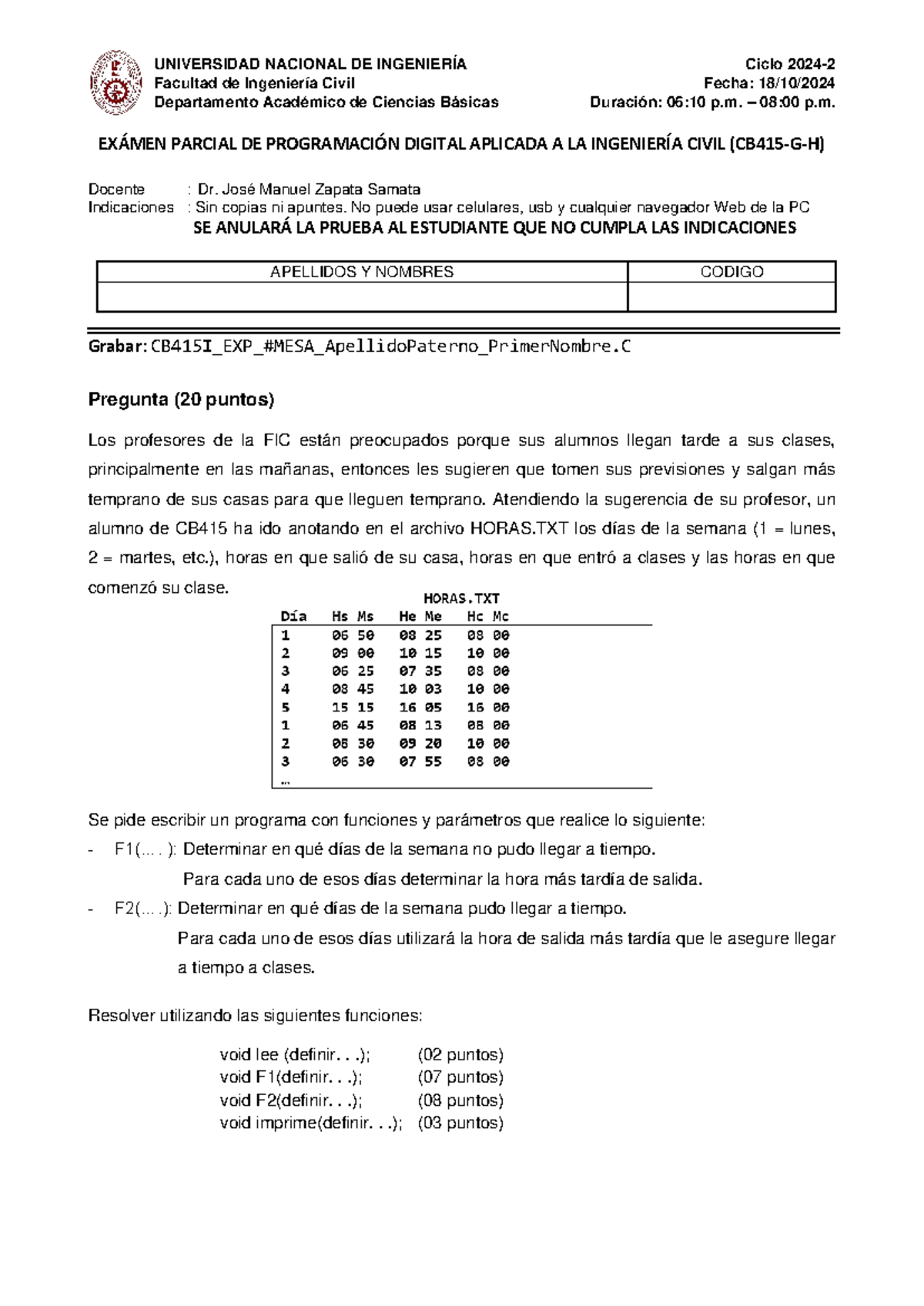 Examen Parcial de Programación Digital Aplicada - CB415-G, 2024-2 - Document Preview